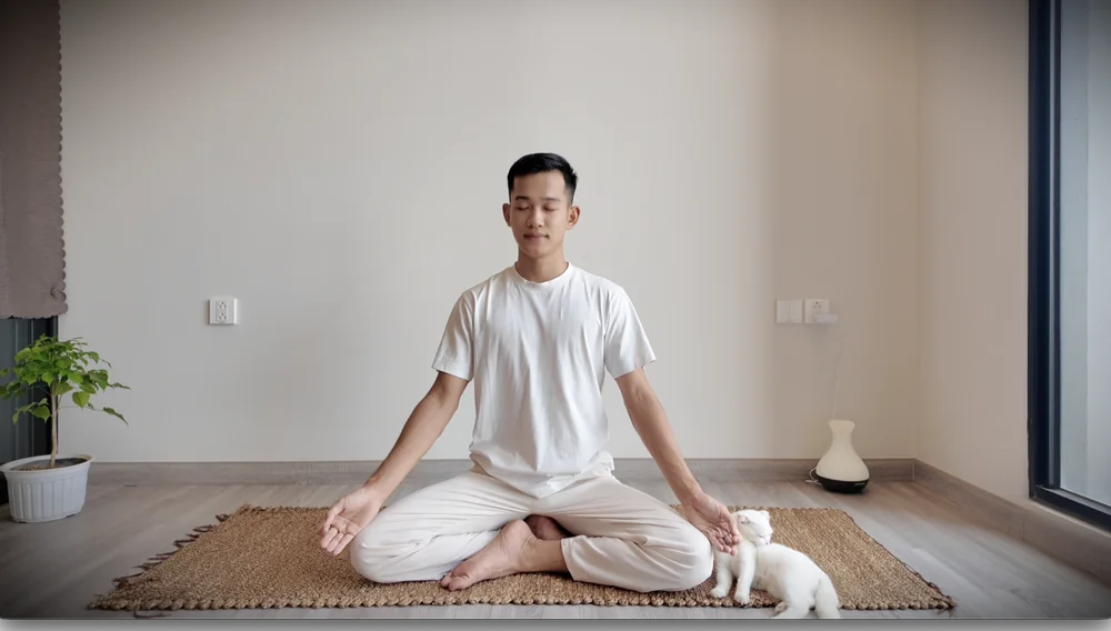 Tâm Đức An ngồi thiền hít thở chậm và sâu trong không gian yên tĩnh