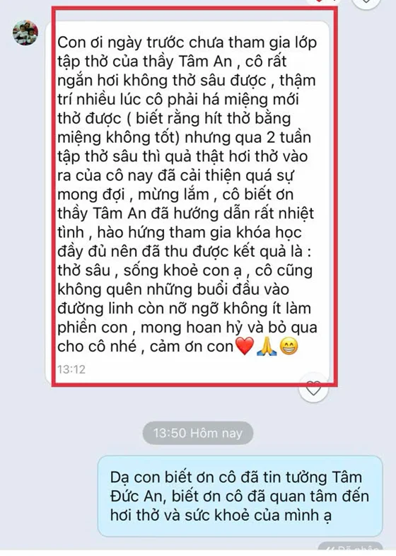 Học viên nhắn tin cảm ơn vì chỉ sau 2 tuần tập đã thở sâu hơn hẳn
