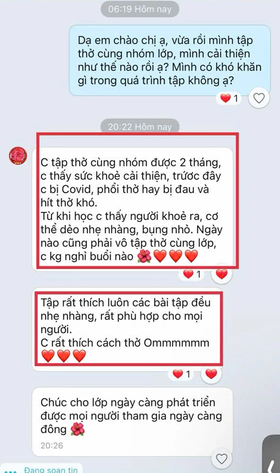 Học viên nhắn tin chia sẻ hồi phục hơi thở tốt hơn sau Covid nhờ tập cùng nhóm