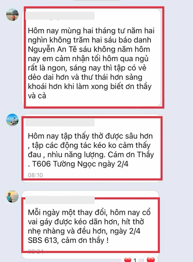 Nhiều học viên khác cùng nhắn tin trong nhóm về việc ngủ ngon hơn và dẻo dai hơn